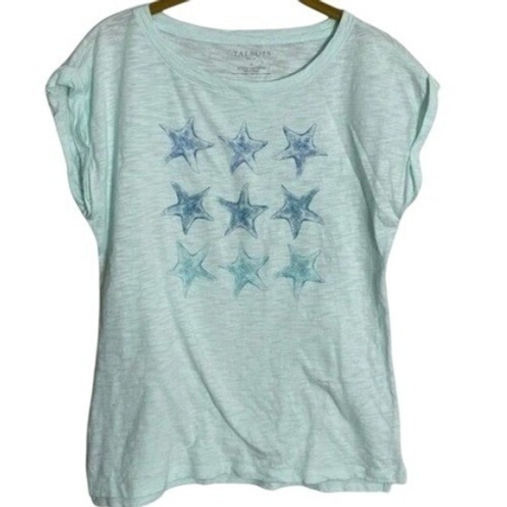 Talbots Blue Starfish Print Women Tee Small Slub‎ Knit Coastal Cotton Modal Top